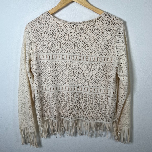 Jessica Max Lace Fringe Y2K Top Sz L Ivory Western Clean Girl Casual Stretch USA - Picture 2 of 12